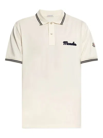 Moncler Mens Logo-embroidery Stripe-trim Cotton-jersey Polo Shirt Cream In Neutral
