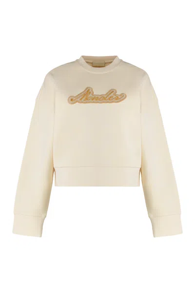 Moncler Embroidered Logo Cotton Sweatshirt In Neutral