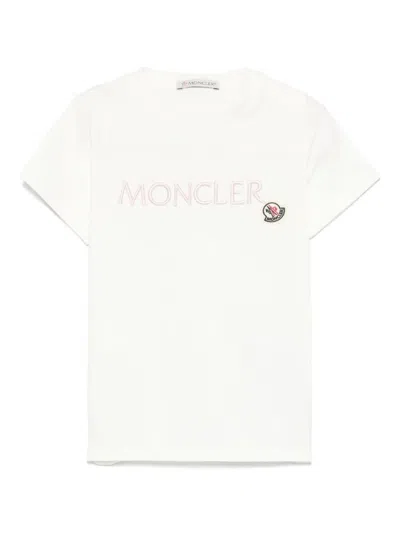 Moncler Kids' T-shirt Con Logo Ricamato In Cotone In White