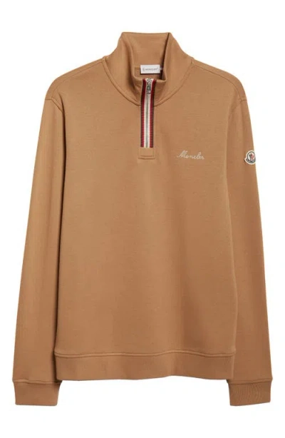 Moncler Embroidered Logo Patch Fleece Quarter Zip Sweatshirt In Brown