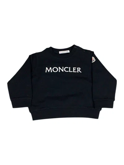 Moncler Long-sleeved Crew-neck Sweatshirt In Fine Cotton With Writing On The Chest In Blue