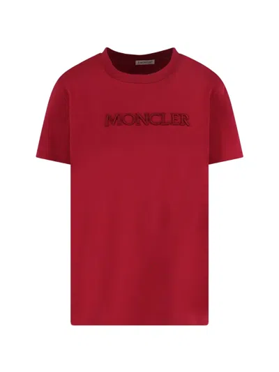 Moncler Embroidered Tonal Logo Cotton T-shirt In Red