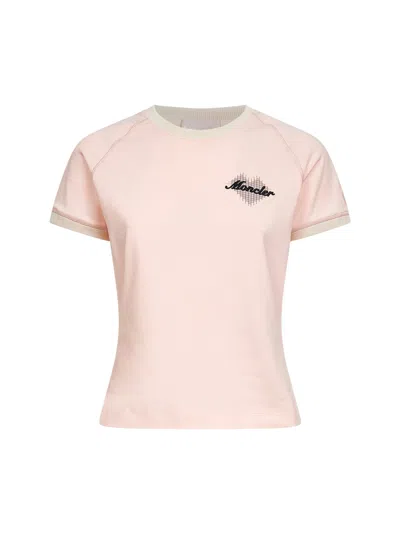 Moncler Light Pink Stretch Jersey Logo And Heart T-shirt