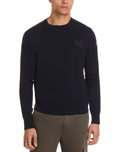 Moncler Embroidered Monogram Cotton Crewneck Sweater In Black