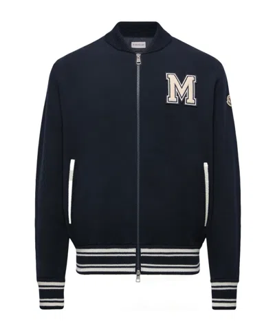 Moncler Embroidered Monogram Padded Zip-up Wool Blend Cardigan In Blue