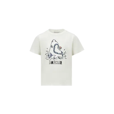 Moncler Kids' Embroidered Shark Motif Cotton Jersey T-shirt White In Natural