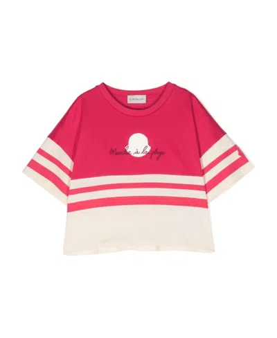 Moncler Embroidered-slogan Cotton T-shirt In Purple-red