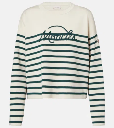 Moncler Embroidered Striped Virgin Wool Sweater In Neutral