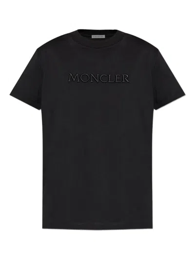 Moncler Embroidered Tonal Logo Cotton T-shirt Clothing In Black