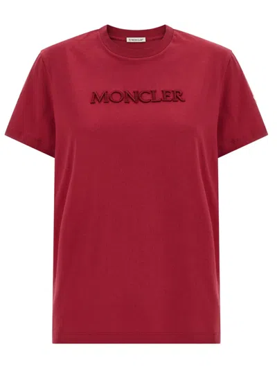 Moncler Maroon Short Sleeve T-shirt With Embroidered Logo In Red
