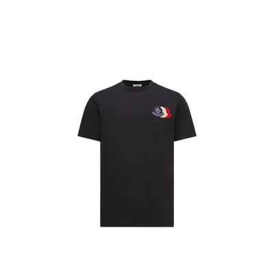 MONCLER EMBROIDERED TRICOLOUR LOGO COTTON T-SHIRT, MEN, BLUE, SIZE: S
