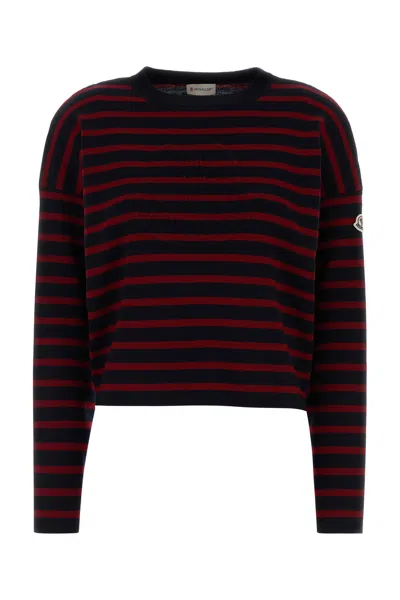 Moncler Striped Long Sleeve Wool Crew Neck Top In Burgundy