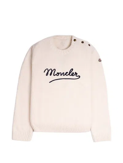 Moncler Embroidered-logo Button-shoulder Sweater In White