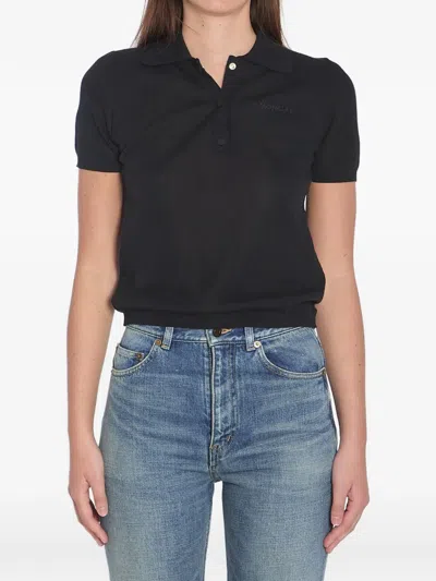 Moncler Knitted Cotton Blend Polo With Ribbed Edges In Black