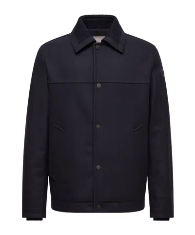 Moncler Emilion Wool Blend Hooded Short Down Jacket In Blue