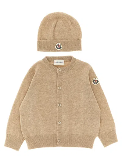 Moncler Enfant Cardigan + Logo Embroidery Beanie In Neutral