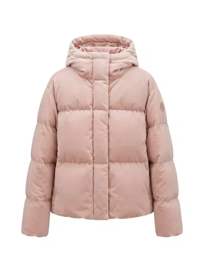 Moncler Enigme Hooded Chenille Short Down Jacket In Pink