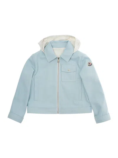 Moncler Kids' Esme Light Blue Jacket With Hood And Logo Patch On The Sleeve In Tech Fabric Girl