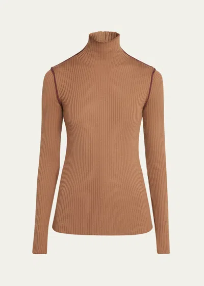 Moncler Extra Fine Wool Ribbed Turtleneck Sweater In Tan