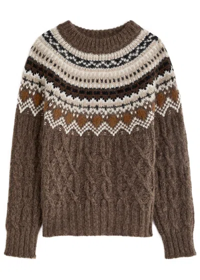 Moncler Fair Isle Intarsia Cable-knit Wool-blend Jumper In Brown