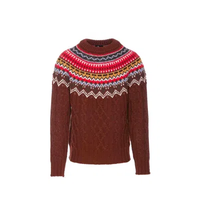 Moncler Fair Isle Intarsia Cable-knit Wool Jumper In Brown
