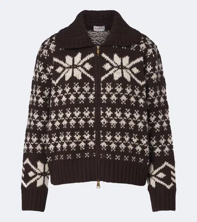 Moncler Fair Isle Sequined Wool-blend Zip-up Cardigan In Brown