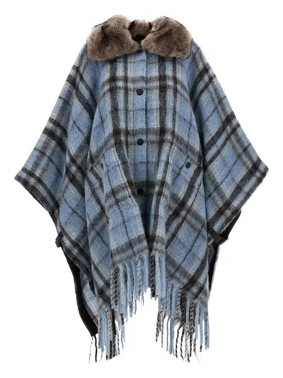 Moncler Faux-fur Collar Fringed Cape In Blue