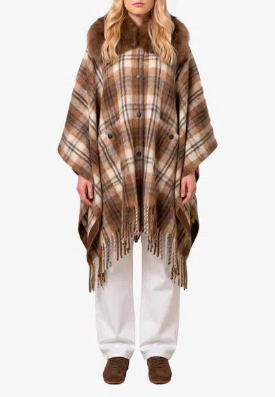 Moncler Faux Fur-trimmed Reversible Checked Poncho In Brown