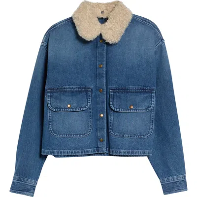 Moncler Faux Shearling Collar Denim Jacket In Blue