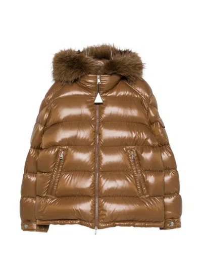 Moncler Faux-fur-trim Quilted Jacket In 브라운