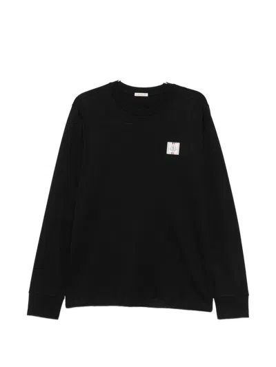 Moncler Felpa Nera In Cotone Con Patch Logo Sul Petto  In Black
