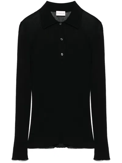 Moncler Fine-ribbed Polo Top In Black