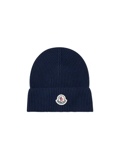 Moncler Blue Cotton Logo Patch Beanie In Black