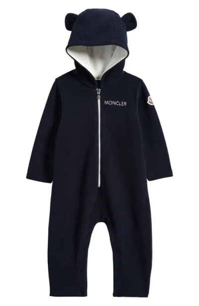 Moncler Kids'  Fleece Hooded Zip Romper In Blue