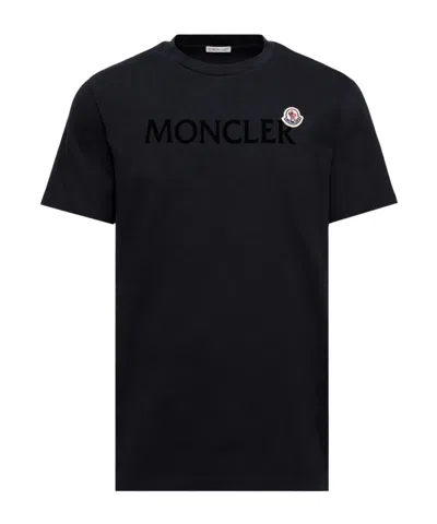 Moncler Flocked Logo Cotton T-shirt In Black