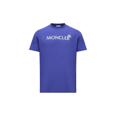 MONCLER FLOCKED LOGO COTTON T-SHIRT, MEN, BLUE, SIZE: XS