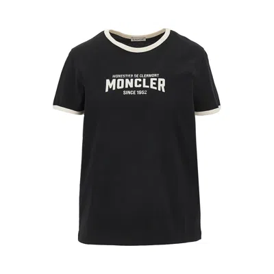 Moncler -style Embossed Logo Crewneck Cotton T-shirt With Contrasting Trim In Black