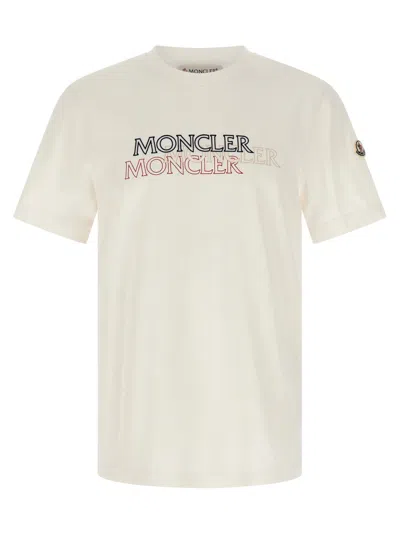 Moncler Flocked Logo T-shirt With Crew Neck And Design In Neutral