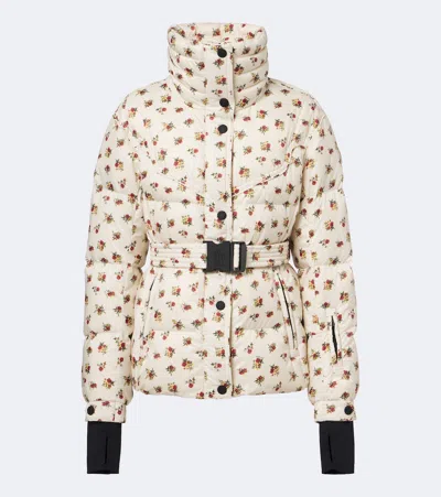 Moncler Floral Belted Down Ski Jacket In Beige