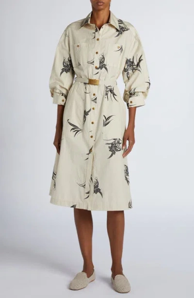 Moncler Floral Print Cotton Belted Shirtdress In Light Beige Print