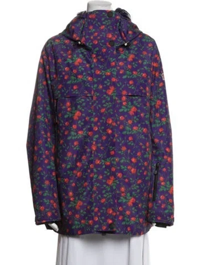 Pre-owned Moncler Floral Print Down Coat In Blue