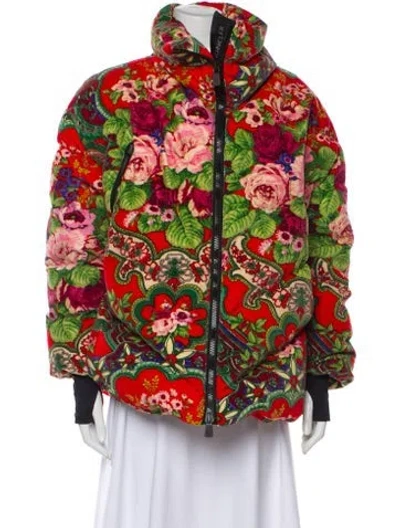 Pre-owned Moncler Floral Print Down Coat In Red