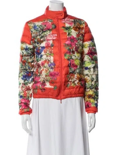 Pre-owned Moncler Floral Print Down Jacket W/ Tags In Orange