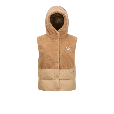 Moncler Floy Teddy Hooded Down Vest Beige