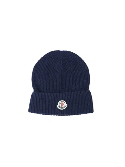 Moncler Folded Cuff Cotton Beanie With Logo Patch In Blue