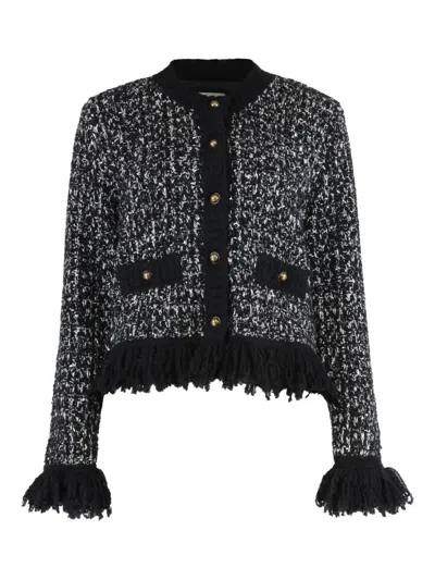 Moncler Fringe-trim Tweed Jacket In Black