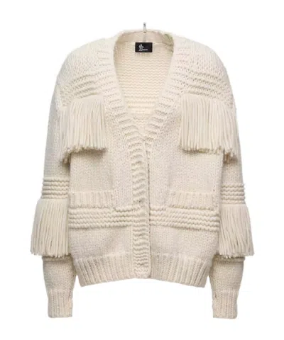 Moncler Grenoble Fringe Trim Wool Blend Cardigan In White