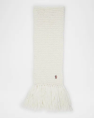 Moncler Fringe Wool Logo Scarf In White