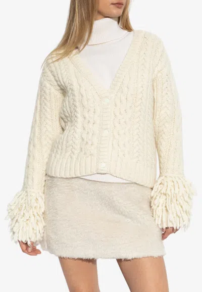 Moncler Fringed Wool Cardigan In White