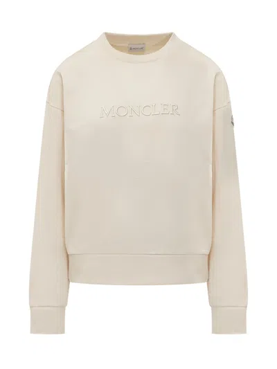 Moncler Front Embroidered Cotton Sweatshirt In Bianco